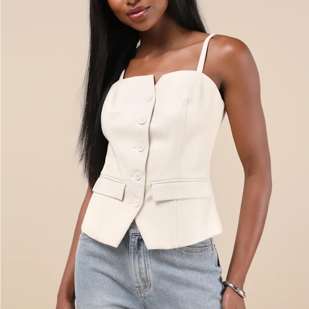 NEW Cream Vegan Leather Button-Front Cami Vest Top